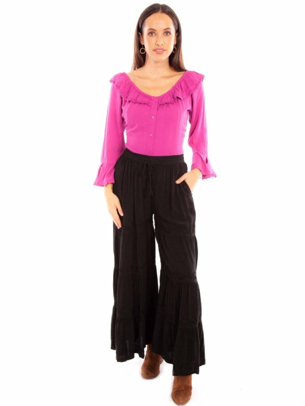 Scully Women’s Honey Creek Black Boho Witchy Embroidered Detail Palazzo Pants